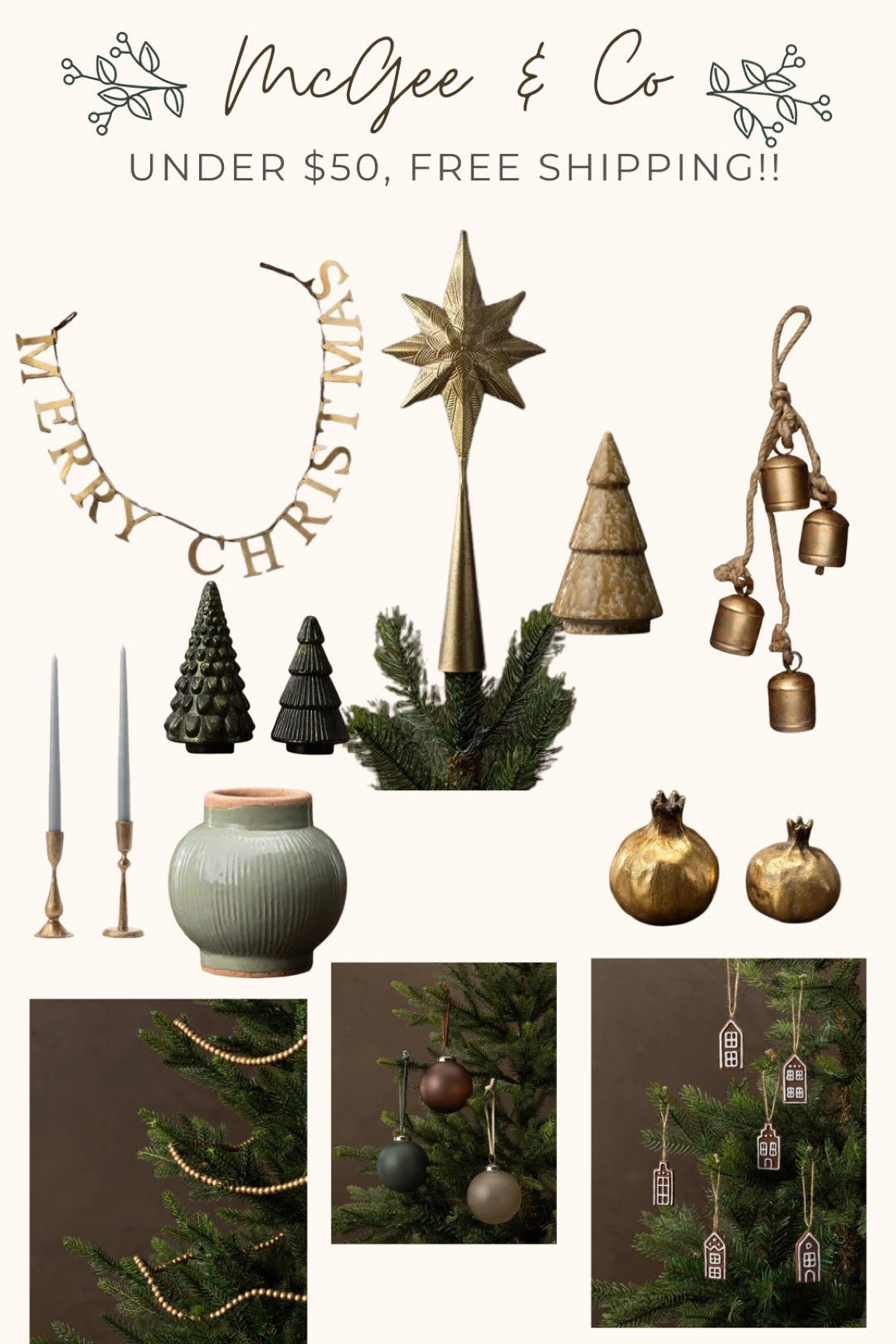 McGee & Co Christmas decor under $50 plus FREE SHIPPING! Brass bells, brass merry Christmas banner, brown tree, gold garland, moody Christmas, mercury tree, brass candle sticks, tree topper Sale