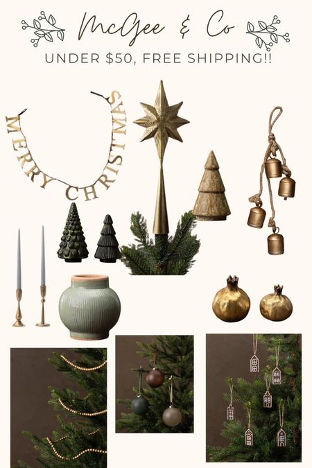 McGee & Co Christmas decor under $50 plus FREE SHIPPING! Brass bells, brass merry Christmas banner, brown tree, gold garland, moody Christmas, mercury tree, brass candle sticks, tree topper Sale