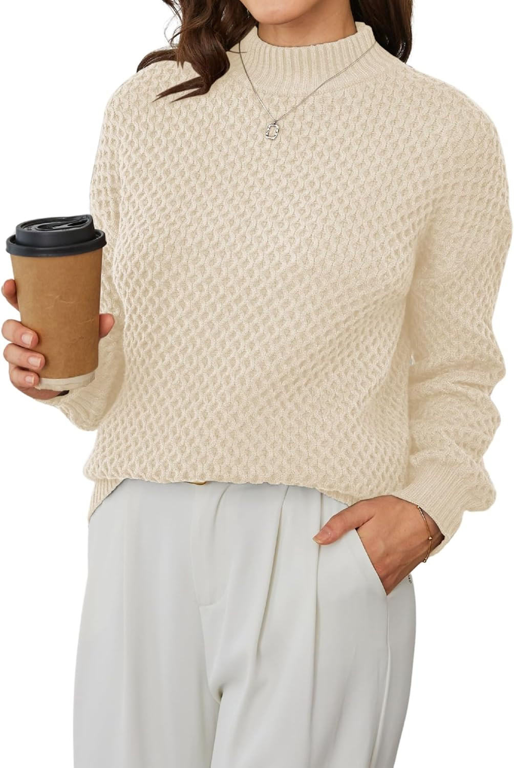 Theenkoln Women's Waffle Knit Mock Neck Long Sleeve Chunky Sweater | Amazon (US)