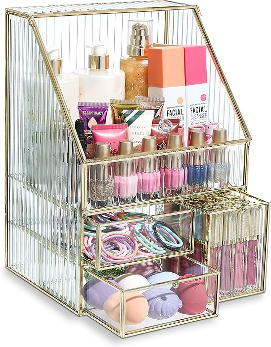Nicole Miller Glass Organizer - Elegant Vanity Storage with a Touch of Gold, Great for Lipsticks ... | Amazon (US)