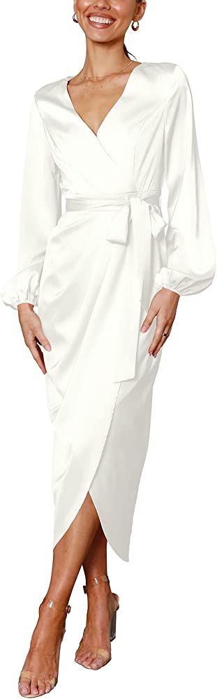 Women Satin Dress Deep V-Neck Long Sleeve Tie Waist Split Midi Dresses | Amazon (US)