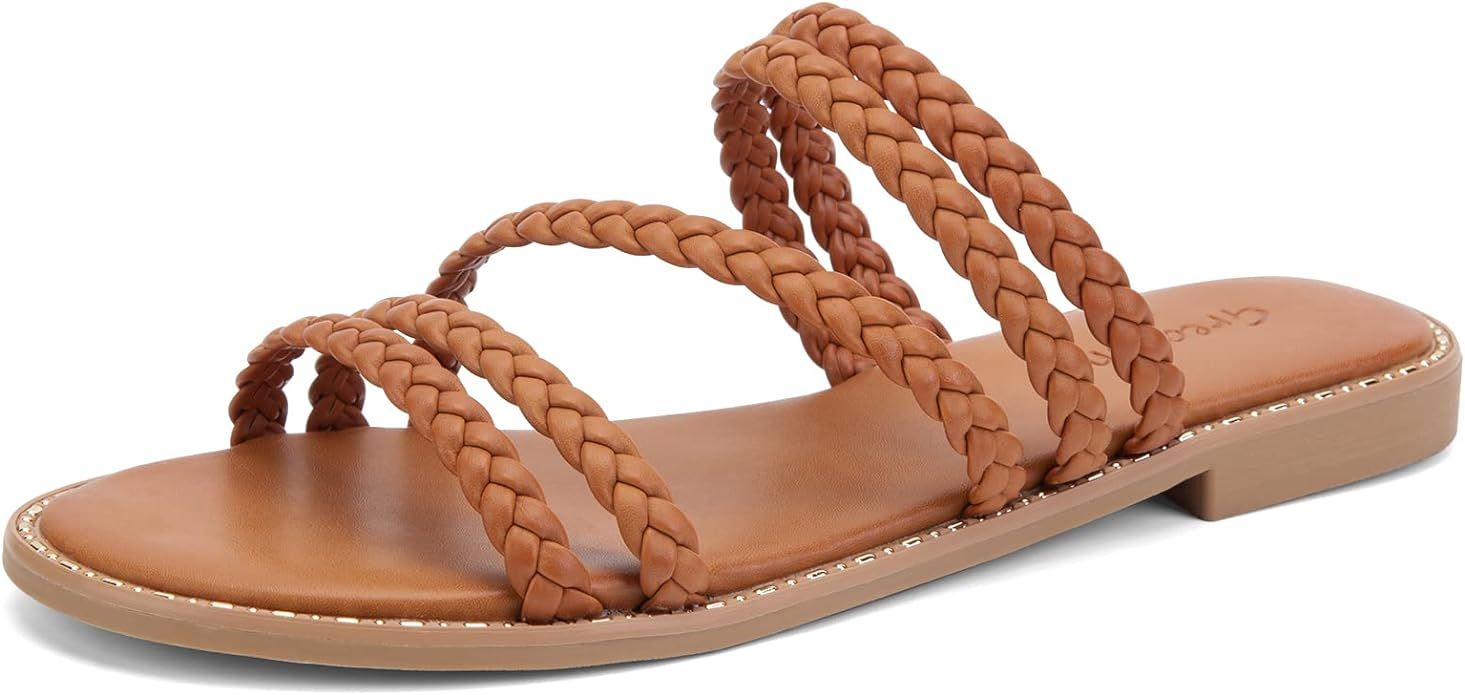 Greatonu Women’s Braided Flat Sandals Slip On Open Toe Slide Sandals For Women Backless Casual ... | Amazon (US)