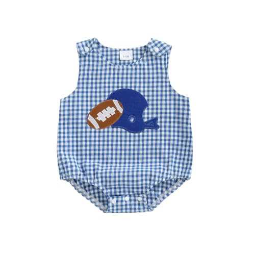 Eurvoku Newborn Baby Boy Football Outfit Rugby Embroidery Sleeveless Bubble Romper Seersucker Stripe Bodysuit Summer Clothes (Navy Blue, 12-18 Months) | Amazon (US)