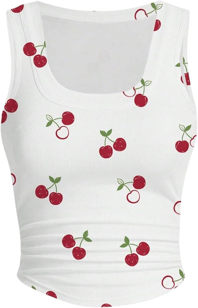 WDIRARA Women's Cherry Print Curve Hem Tank Top Sleeveless Scoop Neck Rib Knit Shirts | Amazon (US)