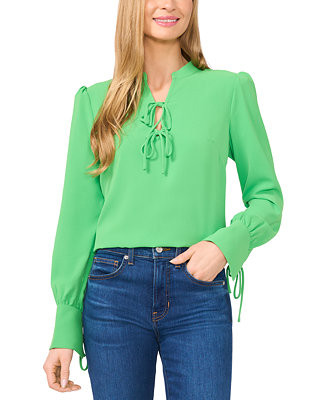 Women's Long-Sleeve Bow-Tied V-Neck Blouse | Macy's