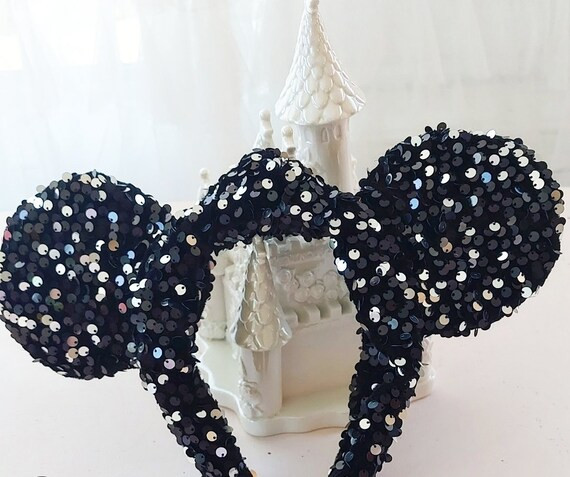 Black Sequin Velvet Womens Knotted Ear Headband - Etsy | Etsy (US)