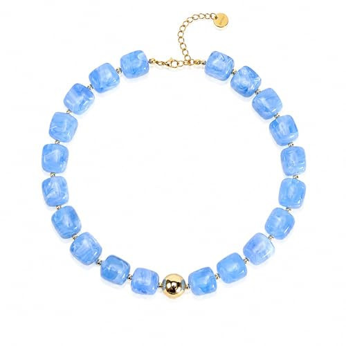 Bowdcvy Chunky Beaded Statement Necklace for Women Trendy Colorful Boho Resin Bead Choker Necklaces Summer Handmade Jewelry Gifts Accessories (Blue - 2) | Amazon (US)