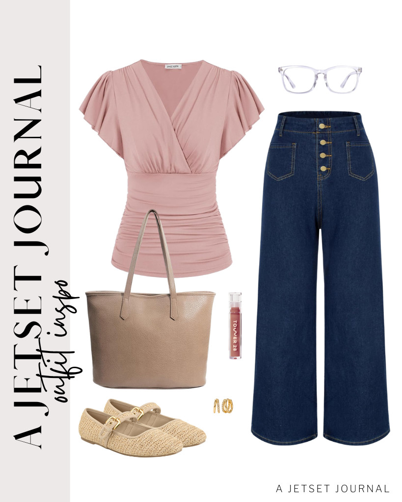 This pair of pink V-neck Ruffle Sleeve jeans and stretchy flare jeans is a match made in heaven! Throw on these gold hoop earrings and dab a bit of Tower 28 ShineOn lip gloss jelly to finish the look. 

 #LTKSeasonal #LTKSaleAlert #LTKTravel