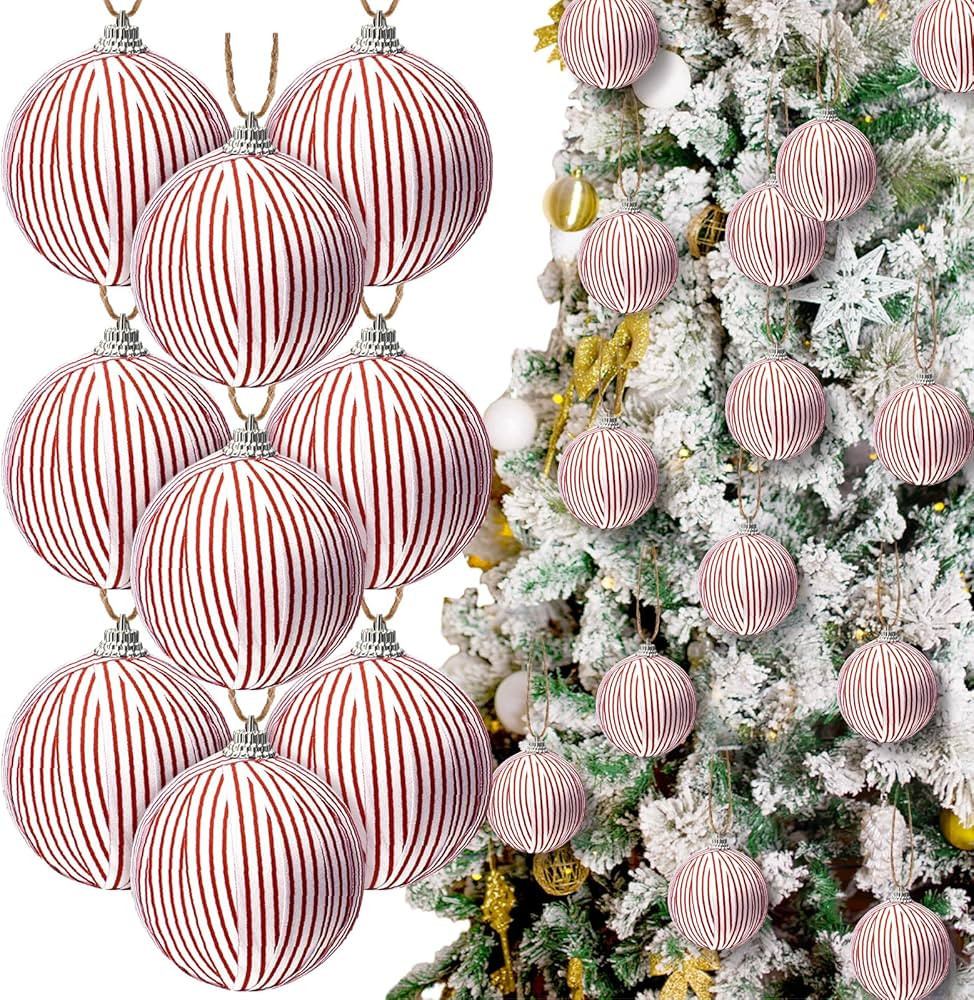 12 Pcs Christmas Ornaments Farmhouse Stripe Fabric Wrapped Ball Red and White Christmas Tree Orna... | Amazon (US)