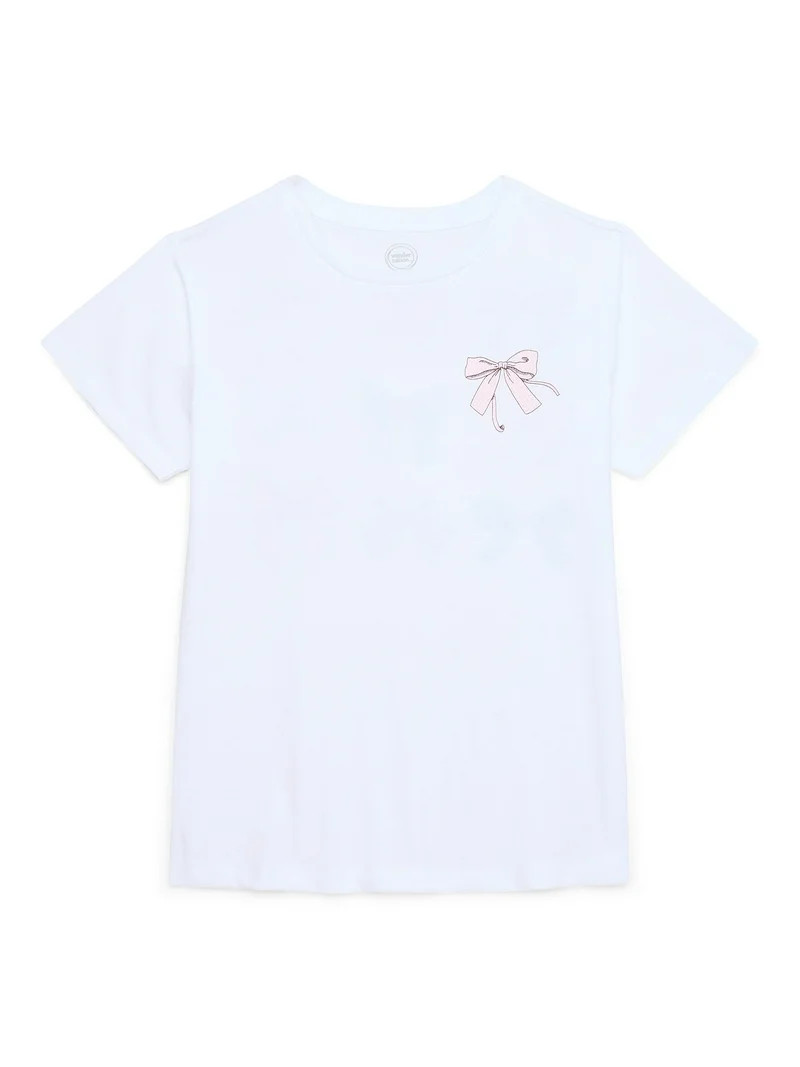 Wonder Nation Girls Bonjour Bows Graphic Print Crewneck Tee with Short Sleeves, Sizes 4-18 - Walm... | Walmart (US)