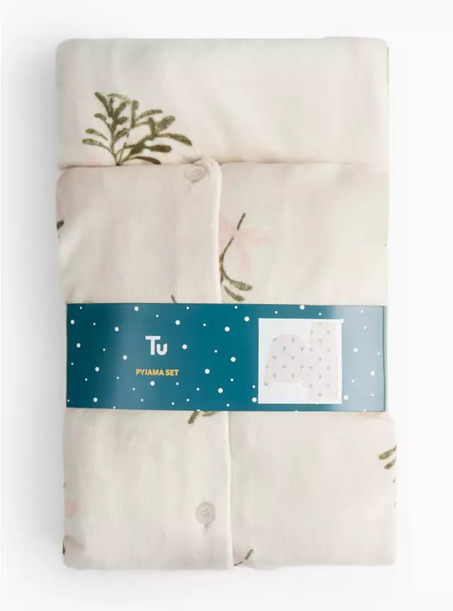 Beige Mistletoe Printed Slinky Fleece Pyjamas S | Tu Clothing