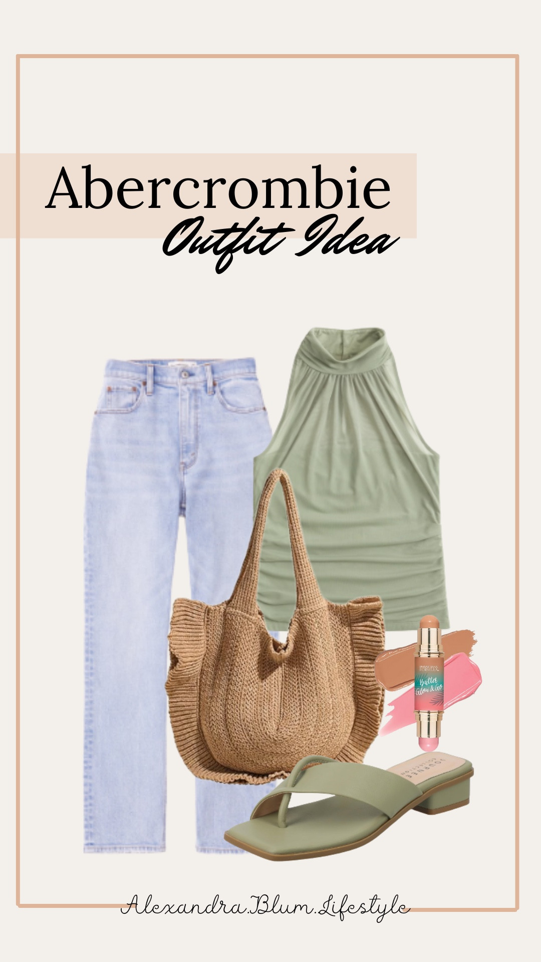Abercrombie spring outfit idea! Cute high neck mesh top with light straighter jeans, crochet knit beach bag, and olive green sandals!! Amazon bag! Spring outfits! Casual style! Beach outfit! Vacation outfit! Casual outfit! 

#LTKItBag #LTKFindsUnder100 #LTKFindsUnder50