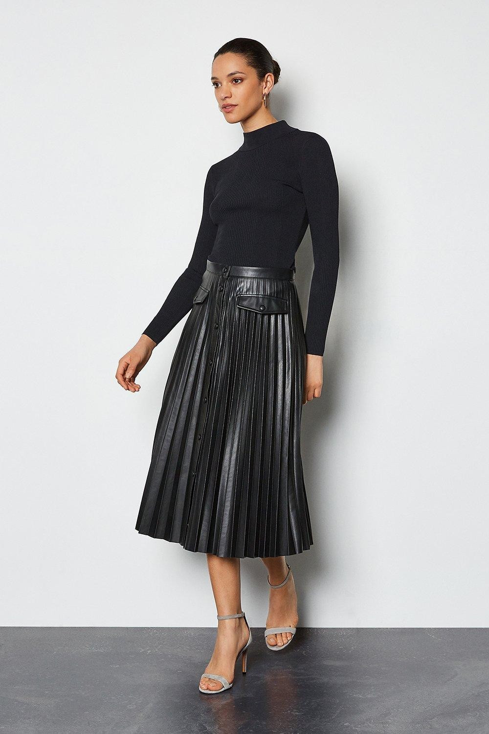 Pleated Faux Leather Popper Front Midi Skirt | Karen Millen UK & IE