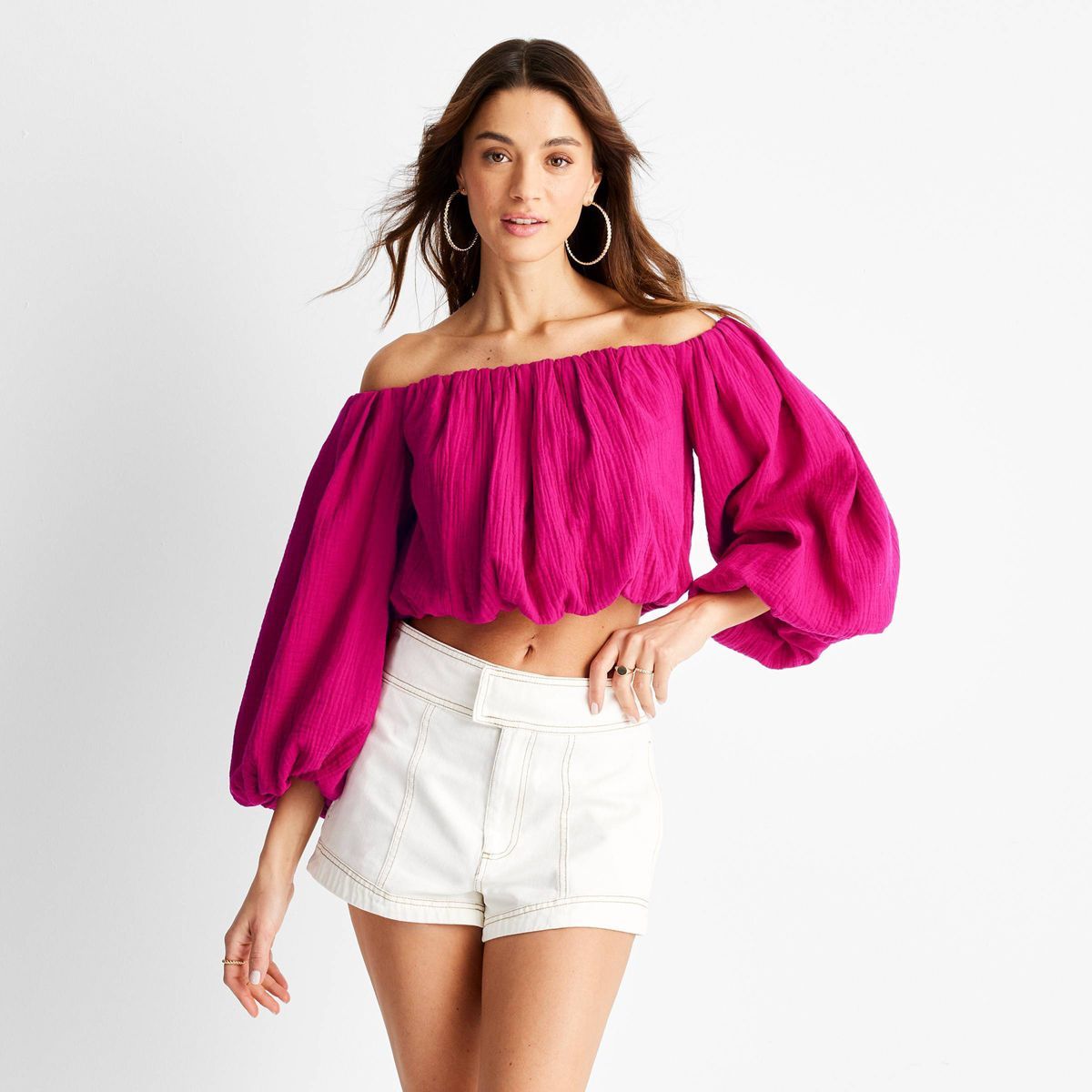 Women's Balloon Off the Shoulder Crop Top - Future Collective™ with Jenny K. Lopez Pink XS | Target