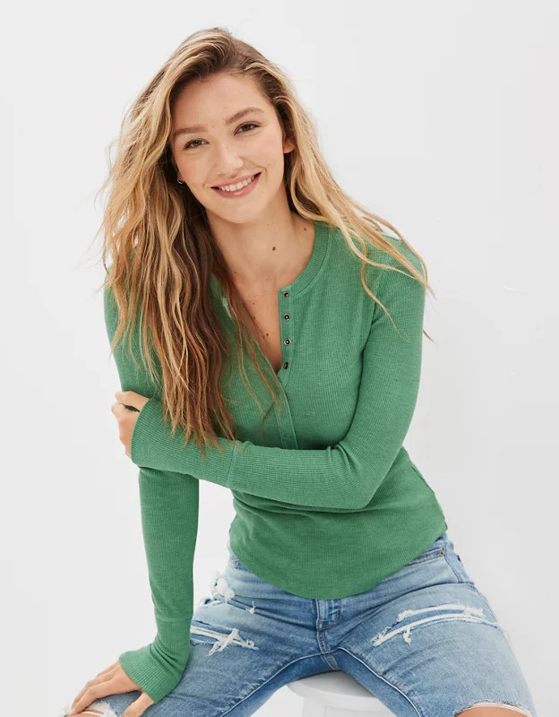 AE Long-Sleeve Henley Thermal T-Shirt | American Eagle Outfitters (US & CA)