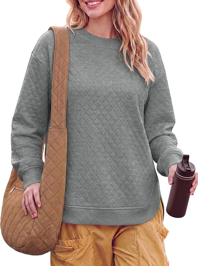 ANRABESS Women Long Sleeve Quilted Pattern Sweatshirt | Lightweight Fleece Hoodie, Loose Fit Crew... | Amazon (US)