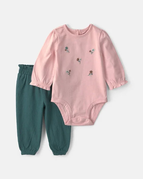 Baby Girl 2-Piece Floral Long-Sleeve Bodysuit & Pant Set - Pink/Green | Carter's | Carter's Inc