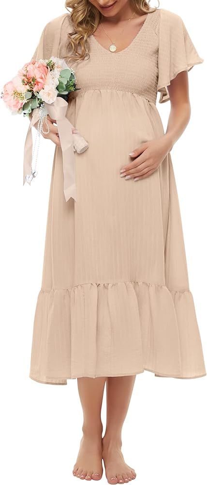 KIM S Boho Flutter Short Sleeve Maternity Dress(S-2XL)/V-Neck Smocked Midi Dresses Baby Shower Ca... | Amazon (US)