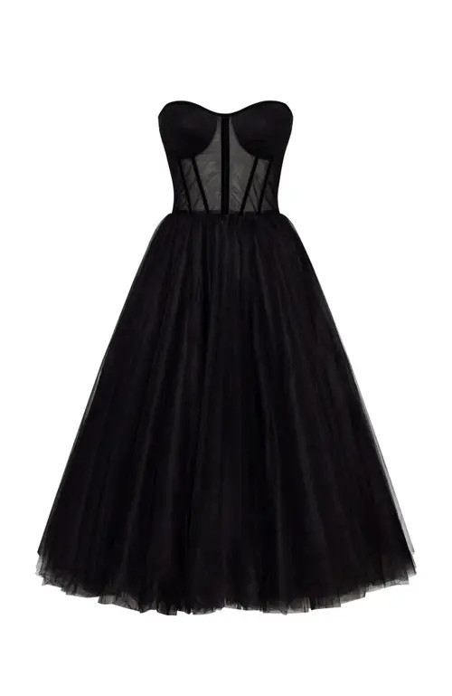 Milla Black Strapless Puffy Midi Tulle Dress at Nordstrom, Size Large | Nordstrom