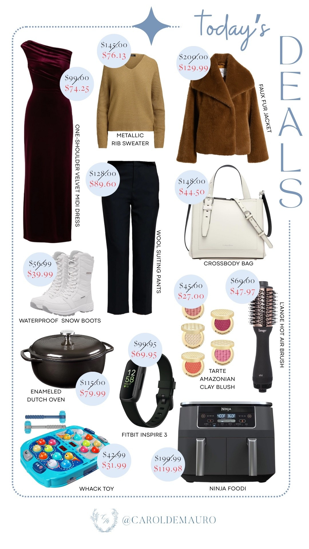 Check out today’s deals which include a one-shoulder velvet midi dress, metallic rib sweater, wool suiting pants, faux fur jacket, crossbody bag, and waterproof snow boots. You can also grab home and beauty essentials like an enameled Dutch oven, Fitbit Inspire 3, Tarte clay blush, hot air brush, Ninja Foodi, and a fun whack toy.

holiday looks, winter fashion, kitchen appliances, beauty finds, makeup must haves, toddler toys, on sale now, discounted

#LTKHome #LTKSeasonal #LTKSaleAlert