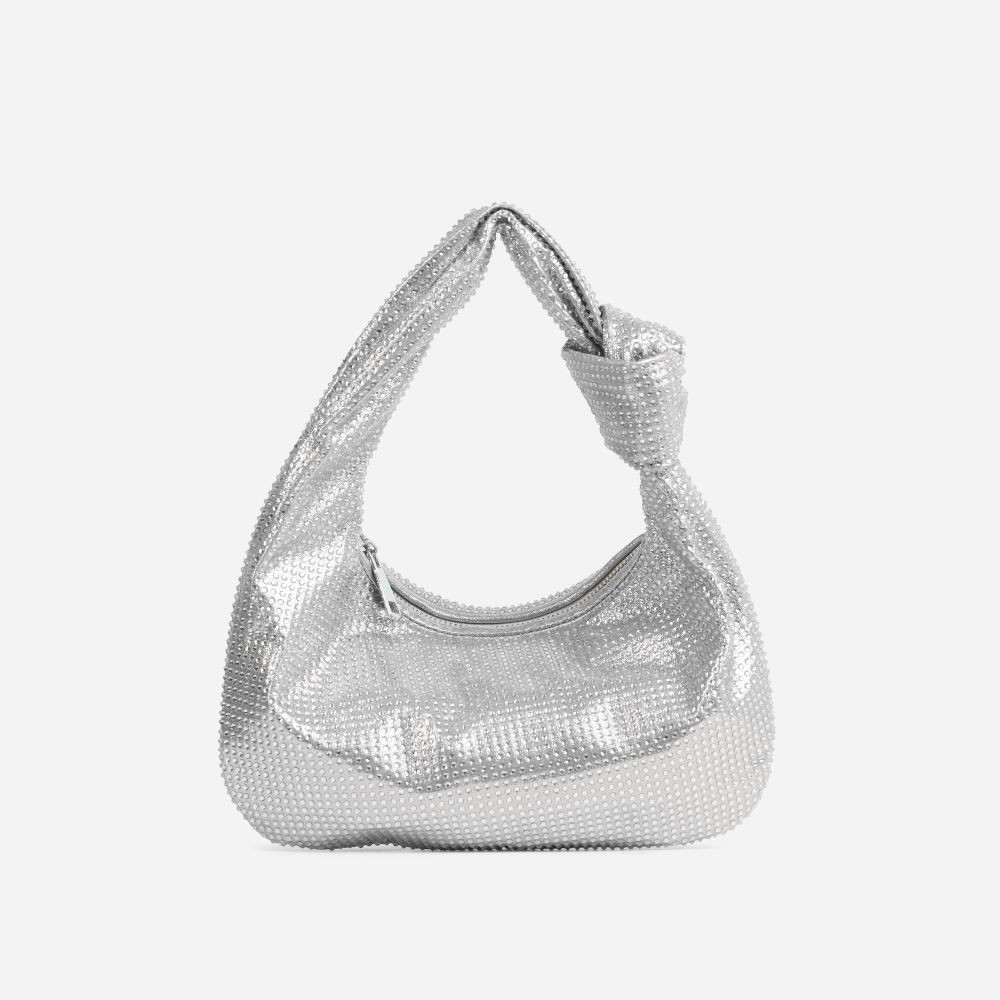 Glamour Knotted Strap Detail Grab Bag In Silver Diamante | EGO Shoes (US & Canada)