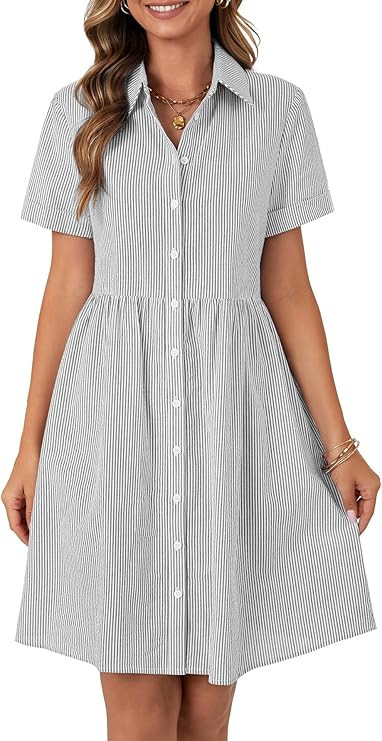 Rooscier Women's Striped Shirt Dress Button Down Collared Short Sleeve Mini Dress | Amazon (US)