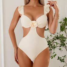 Summer Beach Womens Hollow Out d Rose Design One Piece Swimsuit In Solid Color | SHEIN