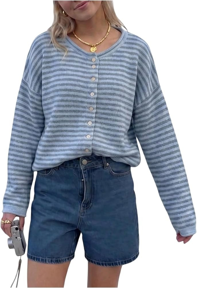 Milumia Women's Striped Button Down Long Sleeve Loose Cardigan Sweater | Amazon (US)