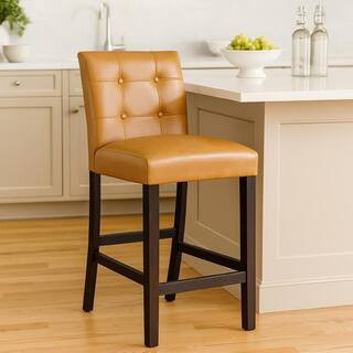 39.5 in. H Caramel Brown Low Back Wood Bar Stool with Faux Leather Seat Set of 2 | The Home Depot