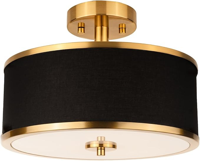 3-Light Semi Flush Mount Ceiling Light Fixture, 12.6" Gold Drum Light with Black Fabric Shade, Mo... | Amazon (US)
