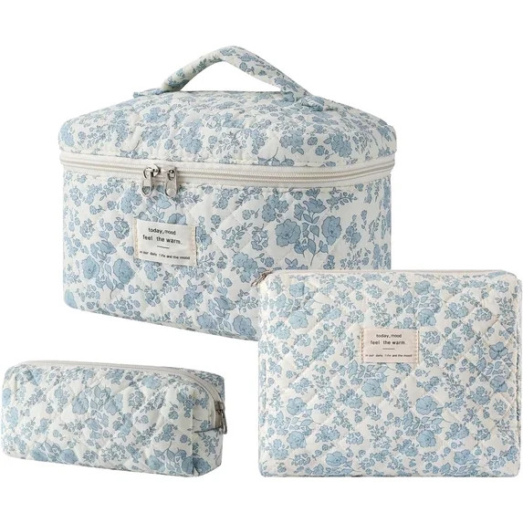 3PCS Large Travel Quilted Makeup Bag for Women, Floral Cotton Cosmetic Bag, Coquette Aesthetic Fl... | Walmart (US)