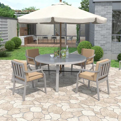 Outdoor Dinning Set 4-Person Outdoor Wooden Dinning Set With An Umbrella Hole And Removable Cushions For Patio, Backyard, Garden, Antique Gray | Wayfair North America