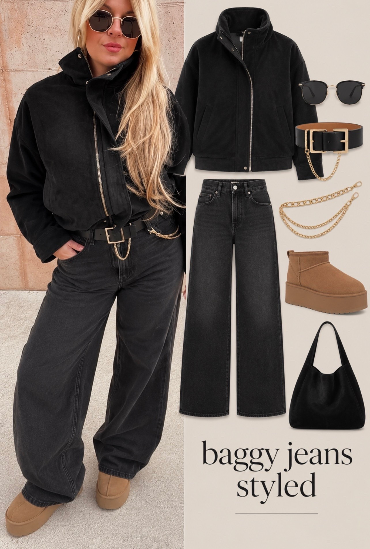 My top baggy jeans must haves #suedejacket #widelegjeans #uggs #chainbelt