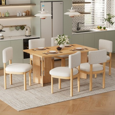 7 Piece Farmhouse Dining Table Set Dining Set for 6, 60" Kitchen Table Set with 6 Upholstered Dining Chairs, Natural Wood Wash - ModernLuxe | Target
