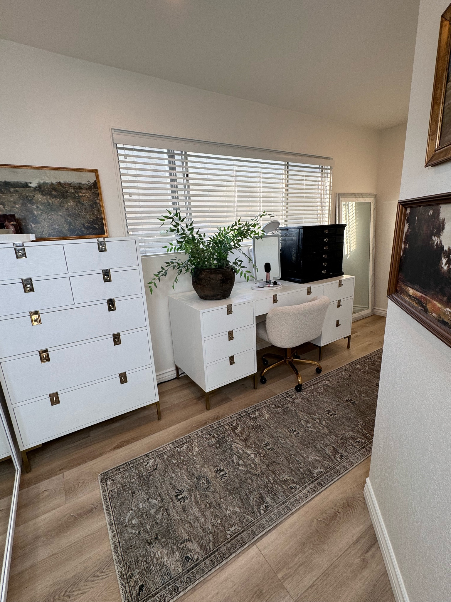 Beauty Parlor/ work area!! 
Huge executive desk that holds a ton, a dresser that matches, plus some gorgeous vintage pieces (i was able to link similar vases) and some greenery art! 

Boucle desk chair, florals in vase, and rug runner also linked! 

#LTKstyletip #LTKfindsunder50 #LTKhome