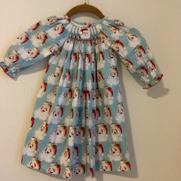 Delaney Christmas Dress 9M Santa Claus Smocked Bishop Cotton Blue Red White NWT | Poshmark