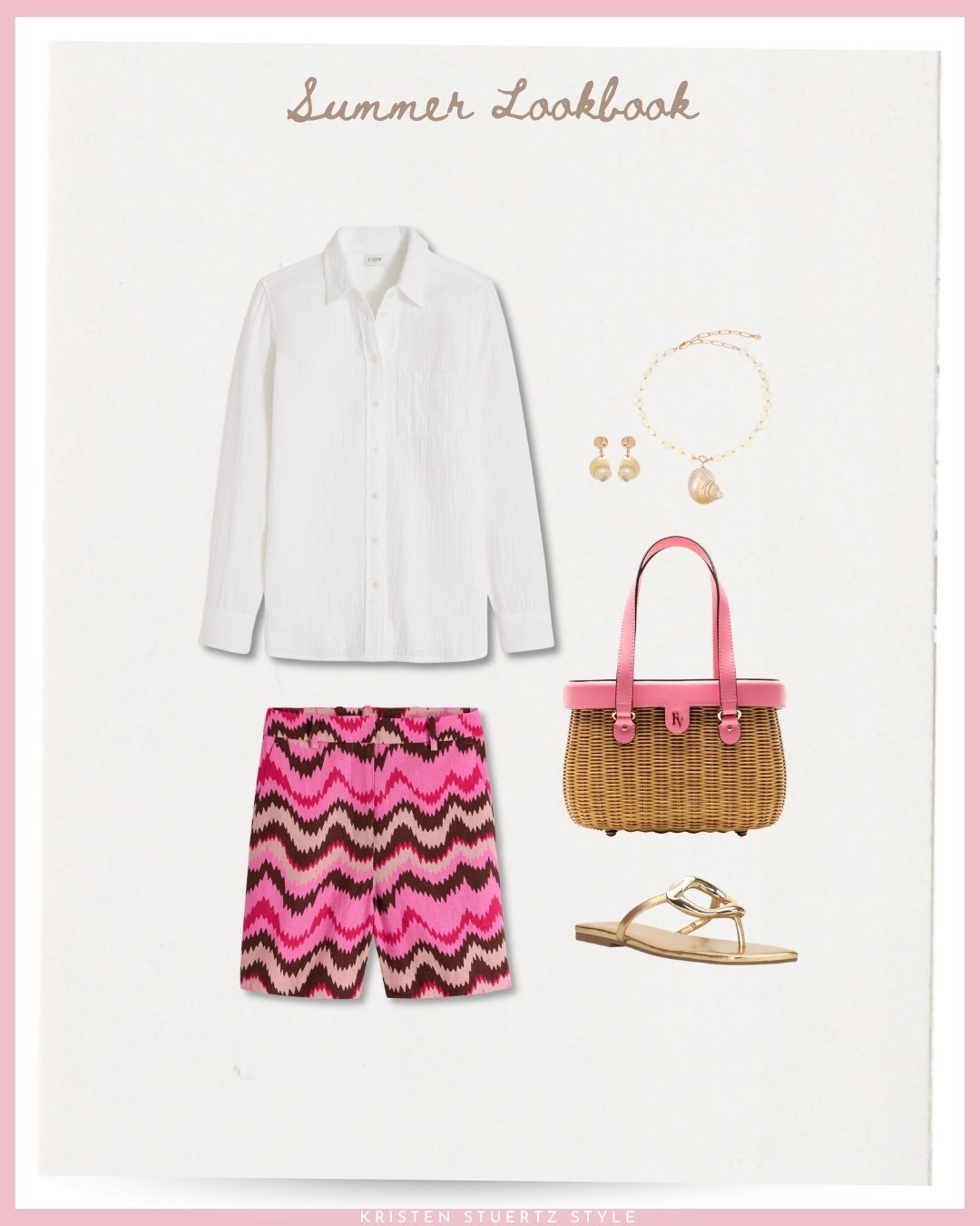 A transitional outfit from spring to summer. I’ve paired Boden patterned shorts with a button up shirt, a Frances Valentine basket bag, sandals, and a pair of gold accessories. 
@ltk 

#spring outfits 2026 #travel outfits #vacation outfits beach #summer outfits 

#LTKTravel #LTKOver40 #LTKSwim

#LTKTravel #LTKOver40 #LTKTall