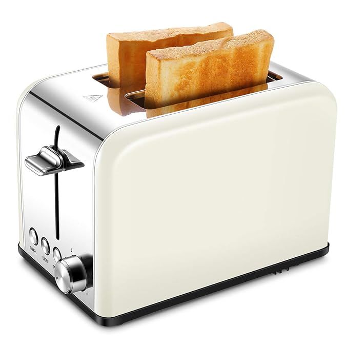 Compact Small Bread Bagel Toasters 2 Slice, Wide Slot Stainless Steel Kitchen Toaster, Cream | Amazon (US)