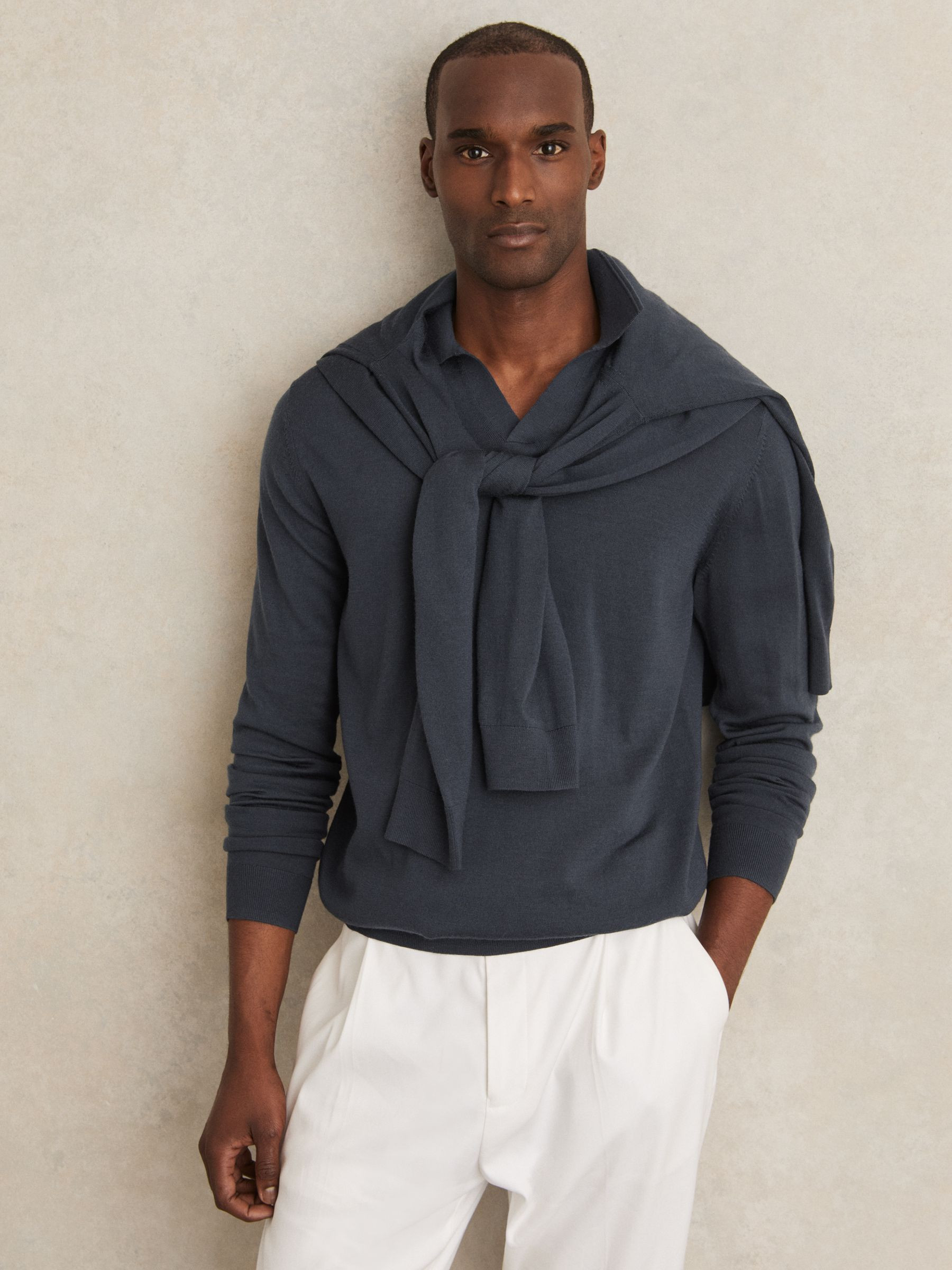 Reiss Merino Wool Open-Collar Polo Shirt in Midnight Navy - REISS | Reiss UK