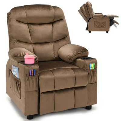 Costway Kids Youth Recliner Chair Velvet Fabric w/Cup Holder & Side Pocket Brown | Target