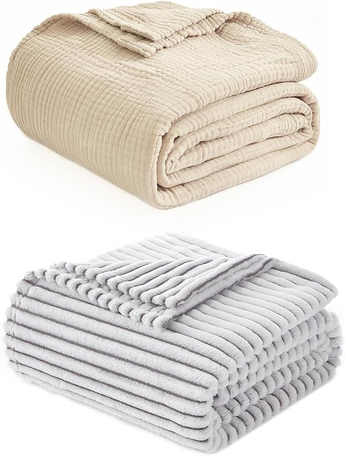 EMME Cotton Throw Blanket 6 Layers Light Tan and Fleece Throw Blanket Grey | Amazon (US)