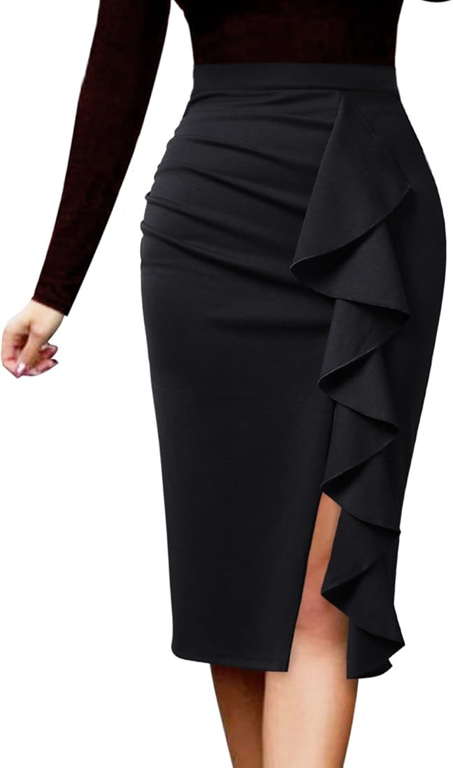 VFSHOW Women Elegant Ruched Ruffle Slit Work Business Party Pencil Skirt | Amazon (US)