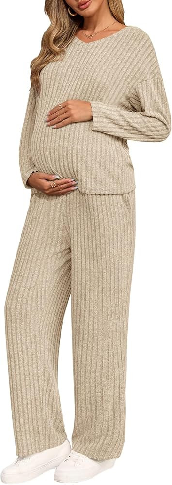 Yousify Womens Maternity Pajamas Sets 2 Piece Outfits Ribbed V Neck Long Sleeve Knit Tops Pants P... | Amazon (US)