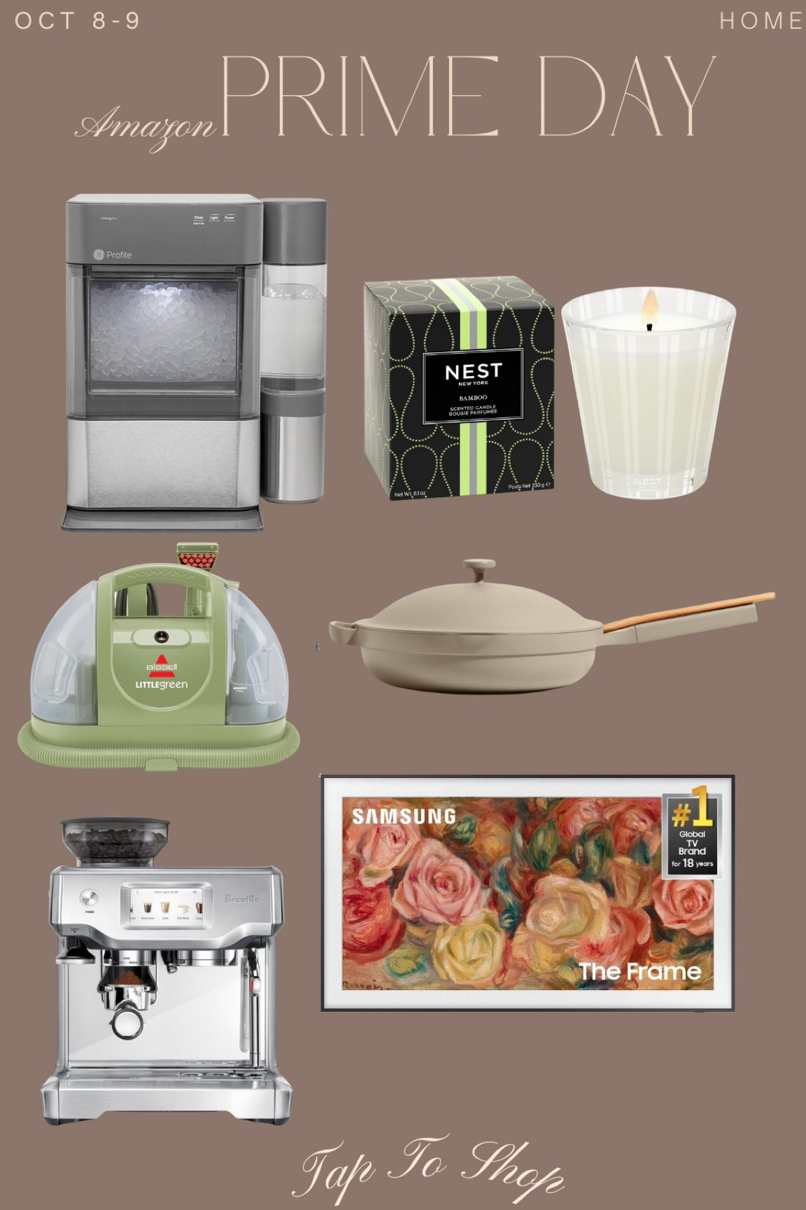 Amazon prime day my favorite home products: nugget ice machine best candle always plan our place Samsung frame tv breville espresso coffee maker bissell little green machine vacuum 
