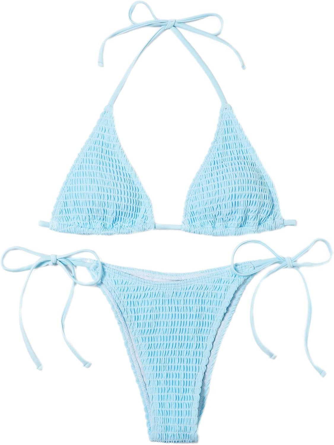 SweatyRocks Women's 2 Piece Triangle Bathing Suit Halter Top ​Tie Side Thong Bikini Swimsuits | Amazon (US)