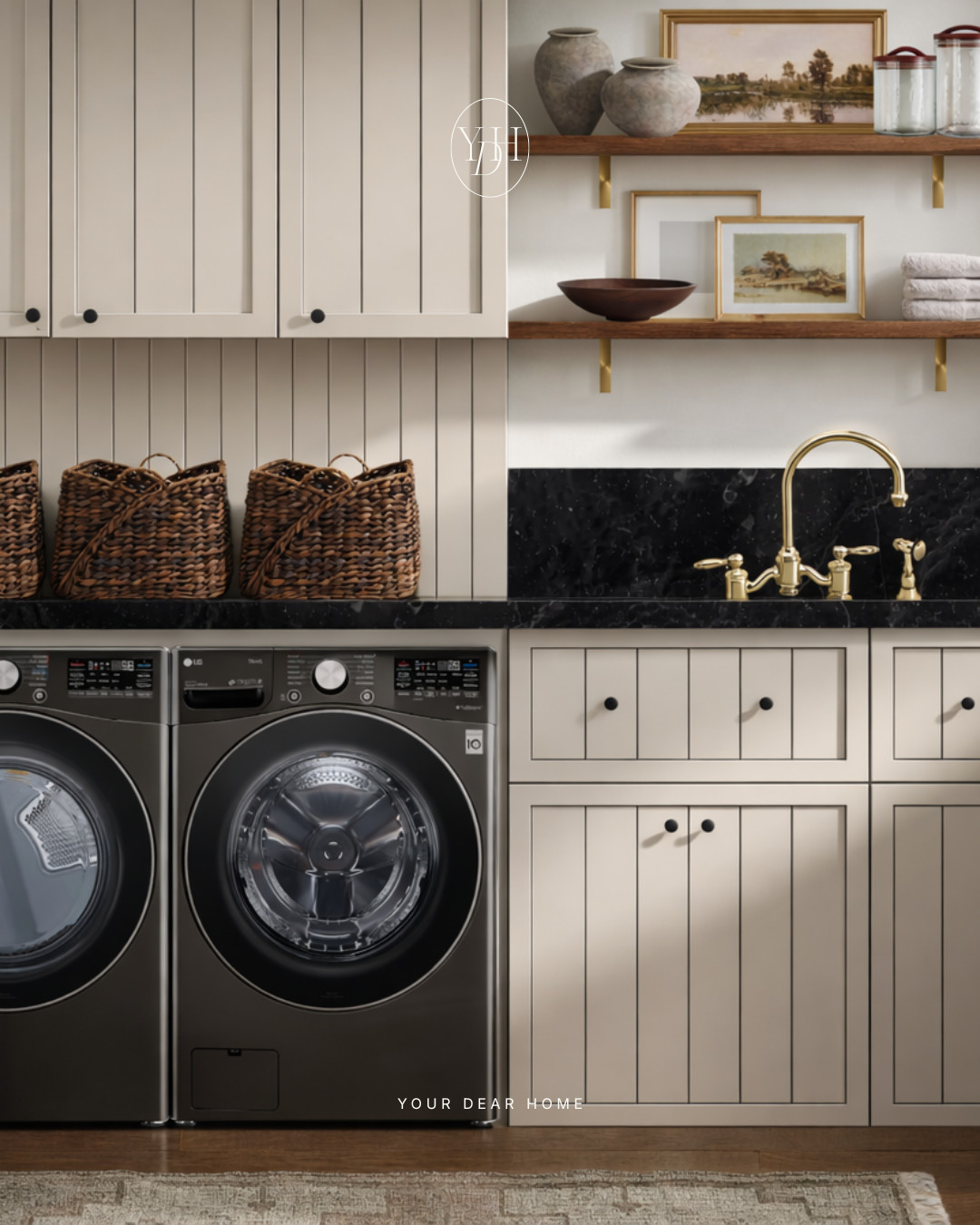 If you want your laundry room to feel less cold and builder-grade, this organic modern look is such a beautiful direction. The darker wood tones and layered styling make it feel so cozy and custom. 

 #LTKHome