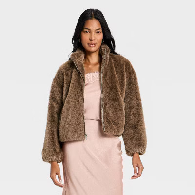 Women's Faux Fur Zip-Up Jacket - A New Day™ Brown M | Target