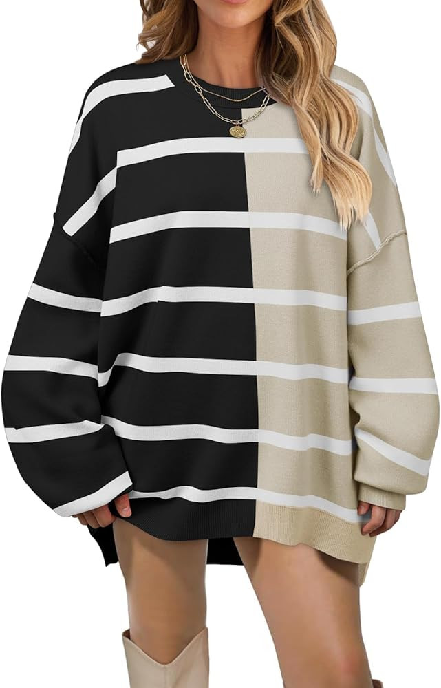 MEROKEETY Women's Fall Striped Oversized Pullover Sweaters 2024 Long Sleeve Color Block Casual Kn... | Amazon (US)