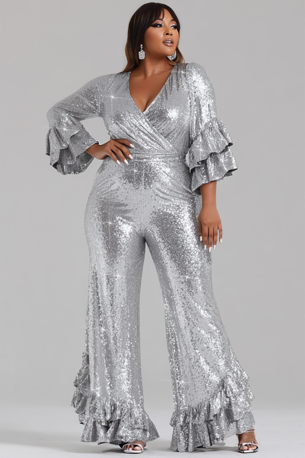 Xpluswear Design Plus Size Party Silver Wrap Neck 3/4 Sleeve Ruffle Vintage Tiered Sequin Jumpsui... | Xpluswear