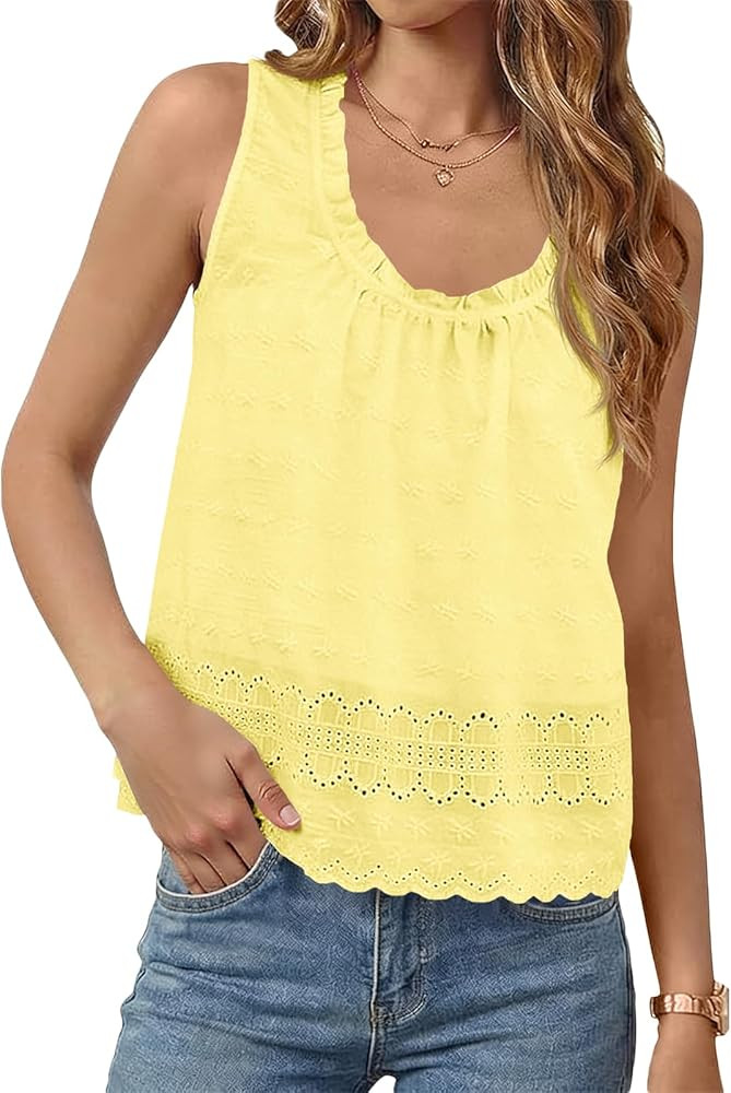 Tankaneo Womens Eyelet Babydoll Tank Top Summer Embroidered Floral Scoop Neck Tops Sleeveless Cas... | Amazon (US)